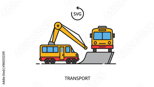 Vehicle recovery and transport service illustration with crane truck loading a bus. Logistics and roadside assistance icon.