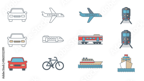 Flat design transportation icons collection featuring cars, airplanes, trains, bicycle, and ships for travel and logistics concepts