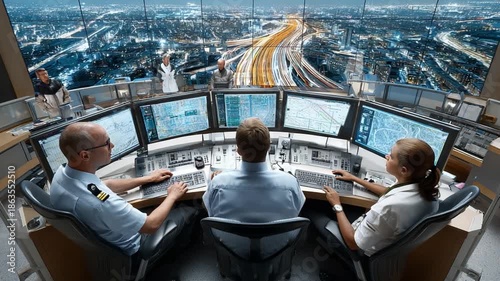 Controlling the Skies: Inside the Control Center, where dedicated air traffic controllers monitor and manage aircraft movements against the backdrop of a bustling city at night.