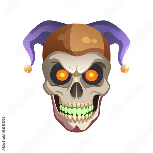 Close-up of a Jester Skull with Glowing Eyes Digital Art Illustration Perfect for Backgrounds