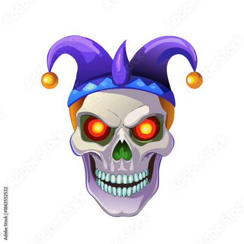 Close-up of a Jester Skull with Glowing Eyes Digital Art Illustration Perfect for Backgrounds