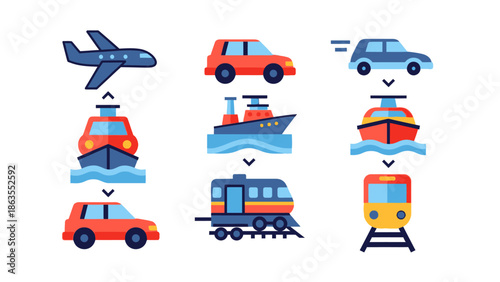 Multimodal transport vector illustration showcasing various travel modes like airplane, ship, car, and train for journeys and logistics.