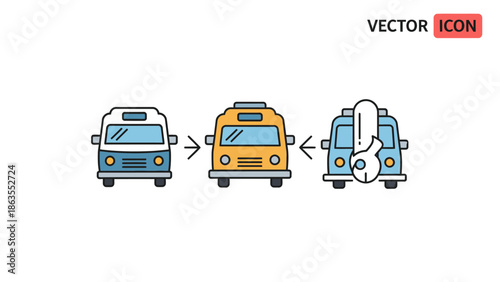 Automotive Service & Maintenance Process: Vector Line Art Icon of Three Vans and Repair Wrench
