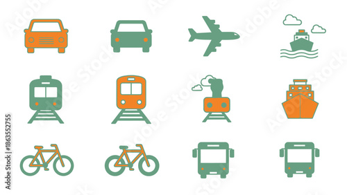 Vector icons of various transportation modes: cars, airplane, ships, trains, bicycles, and buses on a white background