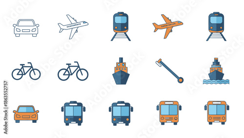 Diverse transportation icons set featuring cars, airplanes, trains, bicycles, ships, and buses for travel, logistics, and journey planning.