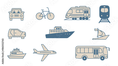 Modern Transportation Vehicle Icons Set. Diverse modes of travel including car, bicycle, train, airplane, bus, ship, boat, and ferry in a clean flat design style.