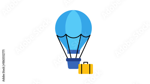 Hot air balloon and suitcase icon representing travel, adventure, vacation, and tourism. Flat design illustration for journey and exploration.