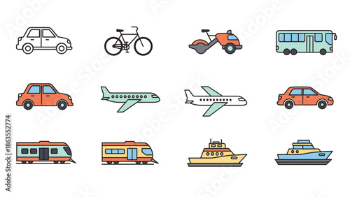 Diverse Transportation Vehicles Icons Set: Cars, Bicycle, Bus, Airplane, Train, and Boat Symbols for Travel and Commuting
