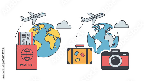 World travel concept flat line vector illustration. Global journey with airplane, passport, boarding pass, suitcase, camera, and globe.
