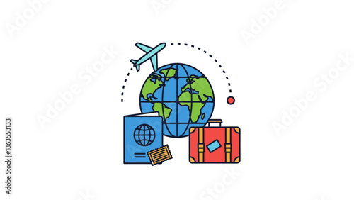 International travel and tourism concept with airplane flying around the globe, passport, luggage, and tickets for vacation planning.