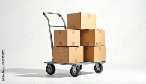A hand truck loaded with seven cardboard boxes of varying sizes, arranged in a pyramid-like stack against a plain white background. The metal frame and blue handle add a utilitarian touch. The composi