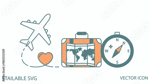 Global travel and adventure concept with flying airplane forming a heart, luggage displaying world map, and compass in a flat line vector icon style.
