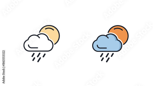 Weather forecast icon: sun partially hidden by a cloud with rain falling. Graphic symbol for showers, partly cloudy, or light rain.