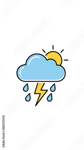 Weather icon depicting a cloud with rain, lightning bolt, and sun. Concept for changing weather conditions and forecast.