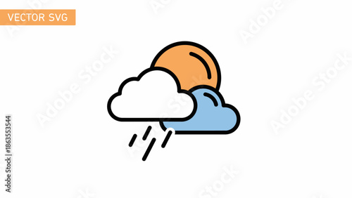 Weather forecast icon with sun, clouds, and rain drops. Partially sunny and rainy climate symbol for meteorological app or website.