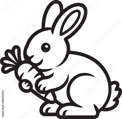 Rabbit Eating a Carrot Line Art, Coloring Book Page Line Art Drawing, Vector and Illustration