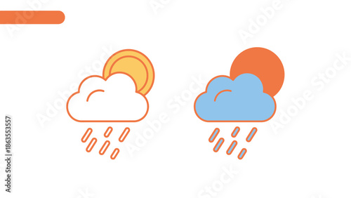 Flat design weather icons set with sun, cloud, and rain. Modern vector illustration for weather forecast applications.