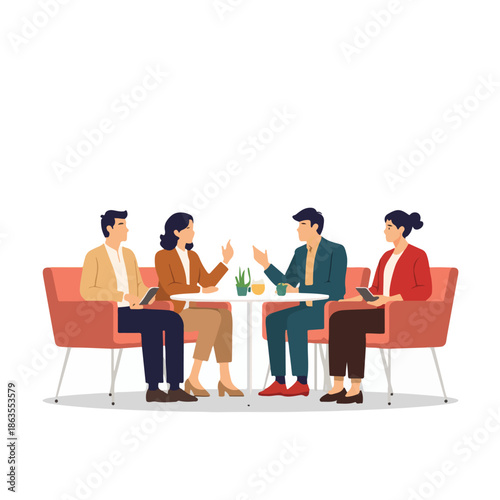 Four colleagues engaged in a modern daily ritual of discussing work over coffee in a casual office setting with a relaxed atmosphere.