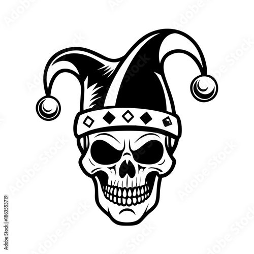 Vector art of a spooky jester skull with harlequin hat in black and white vector art