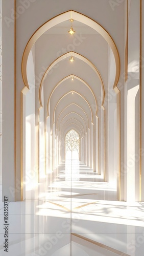 Elegant White Hallway With Golden Arches And Sunlight Streaming Through Windows Creating A Luxurious And Serene Atmosphere