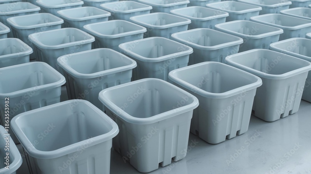 Obraz premium Rows of White Plastic Square Plant Pots ? Empty Nursery Containers