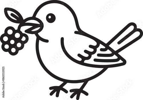 Bird Eating a Berry Line Art, Coloring Book Page Line Art Drawing, Vector and Illustration