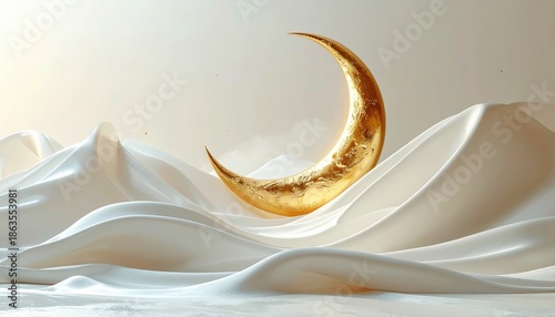 Elegant Golden Crescent Moon Rests on Flowing White Silk Drapery Under Soft Golden Light