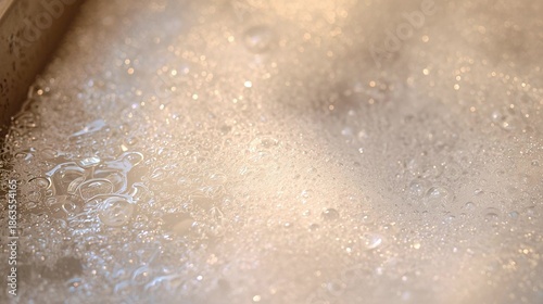 Soapy bubbles and foam close-up in sink with sparkling water droplets