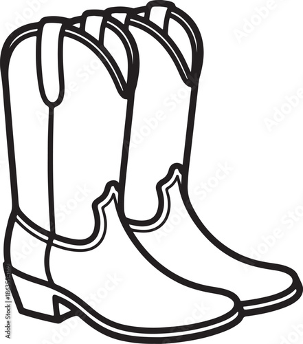 Cowboy Boots Line Art, Coloring Book Page Line Art Drawing, Vector and Illustration