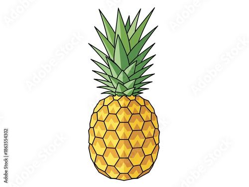 Stylized drawing of a pineapple with green crown and yellow hexagonalpatterned fruit