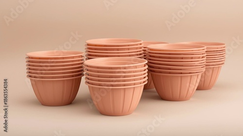 Stacked terracotta plant pots on beige background for gardening and retail display