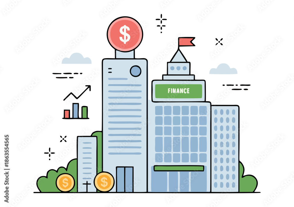 Obraz premium Modern Financial District Illustration with Office Buildings, Dollar Signs, and Upward Graphs Symbolizing Business Growth, Banking, and Investment Success