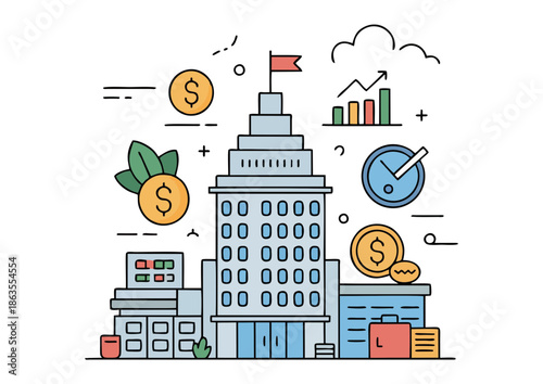 Line art illustration of economic administration and financial activity, featuring a central building, money, growth charts, and business icons