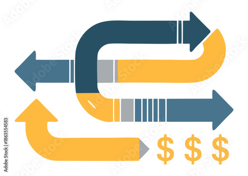 Concept of money flow, arrows indicating exchange and financial movement towards a large sum of money