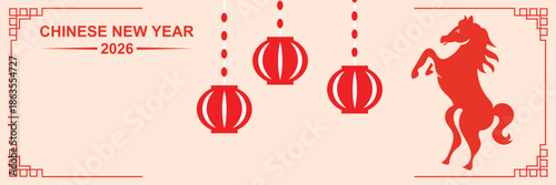Chinese New Year 2026 Horse Poster . Modern Chinese New Year 2026 posters featuring the Year of the Horse, lanterns, festive red colors, and elegant Asian graphic design.
