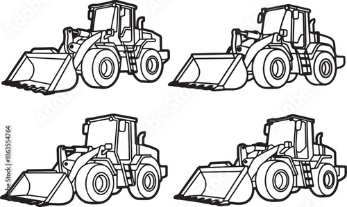 Set of loader construction vehicle Line Art, Coloring Book Page Line Art Drawing, Vector and Illustration