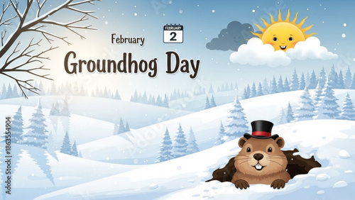 Groundhog day celebration with cartoon groundhog in top hat on february 2 in snowy landscape