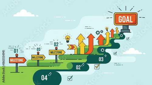 A vibrant infographic illustrating a path to success with milestones, goals, and growth arrows