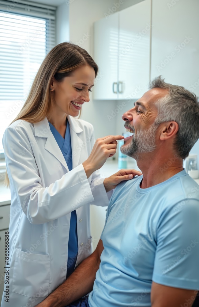 Fototapeta premium Female doctor with stethoscope performs throat exam on smiling patient in clinic. Physician checks mouth, tongue, teeth during oral health checkup. Medical consultation, healthcare service.