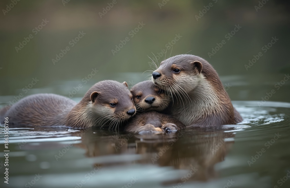 Obraz premium Otter family swims together in calm water body. Adults and pup huddle close, showing connection and affection. Peaceful scene of aquatic mammals in natural habitat.