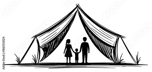 Family silhouette standing in front of camping tent representing outdoor recreation and travel