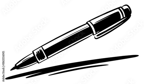 Elegant fountain pen drawing ink line representing writing, signature and creativity concept