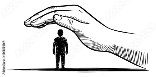 Large hand hovering over small person representing power, control and authority concept