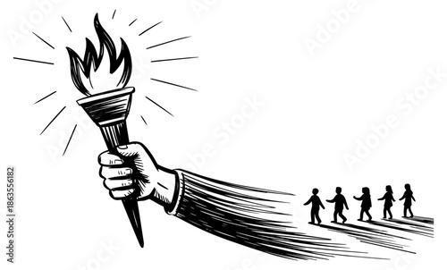 Hand holding flaming torch leading group of followers representing leadership and guidance