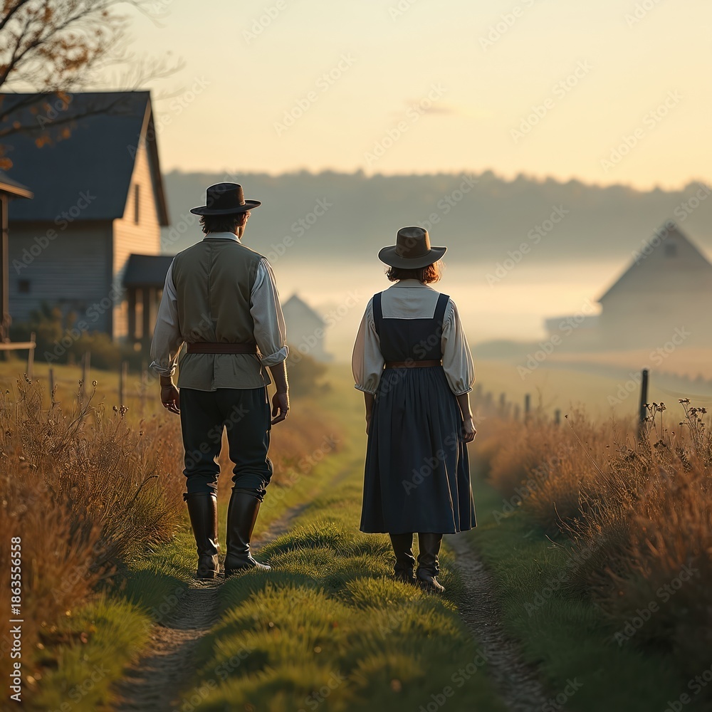Obraz premium Couple in colonial attire walk dirt path past rustic homes at dawn. Mist hangs over fields near distant trees and farms. Rural landscape suggests early American life and agriculture.