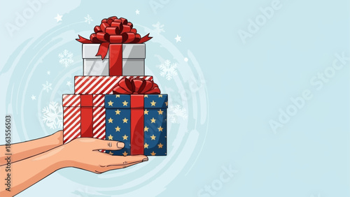 Hand holding stack of festive gift boxes with red ribbons.