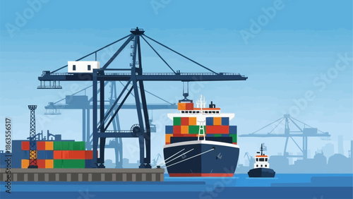 Large cargo ship being loaded with containers at a busy port by cranes.