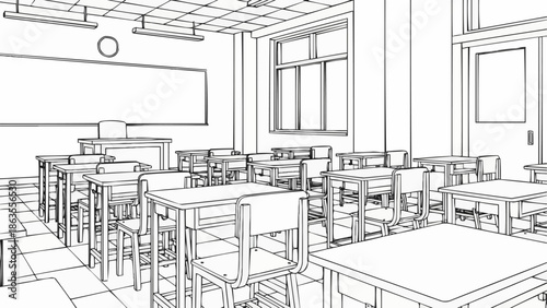 Empty Classroom Interior Sketch with Desks and Whiteboard.