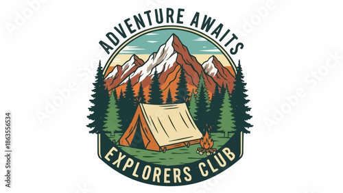 Adventure awaits explorers club camping in mountains illustration.