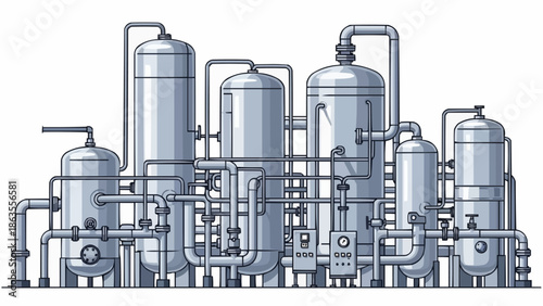 Industrial chemical processing plant with complex piping system.